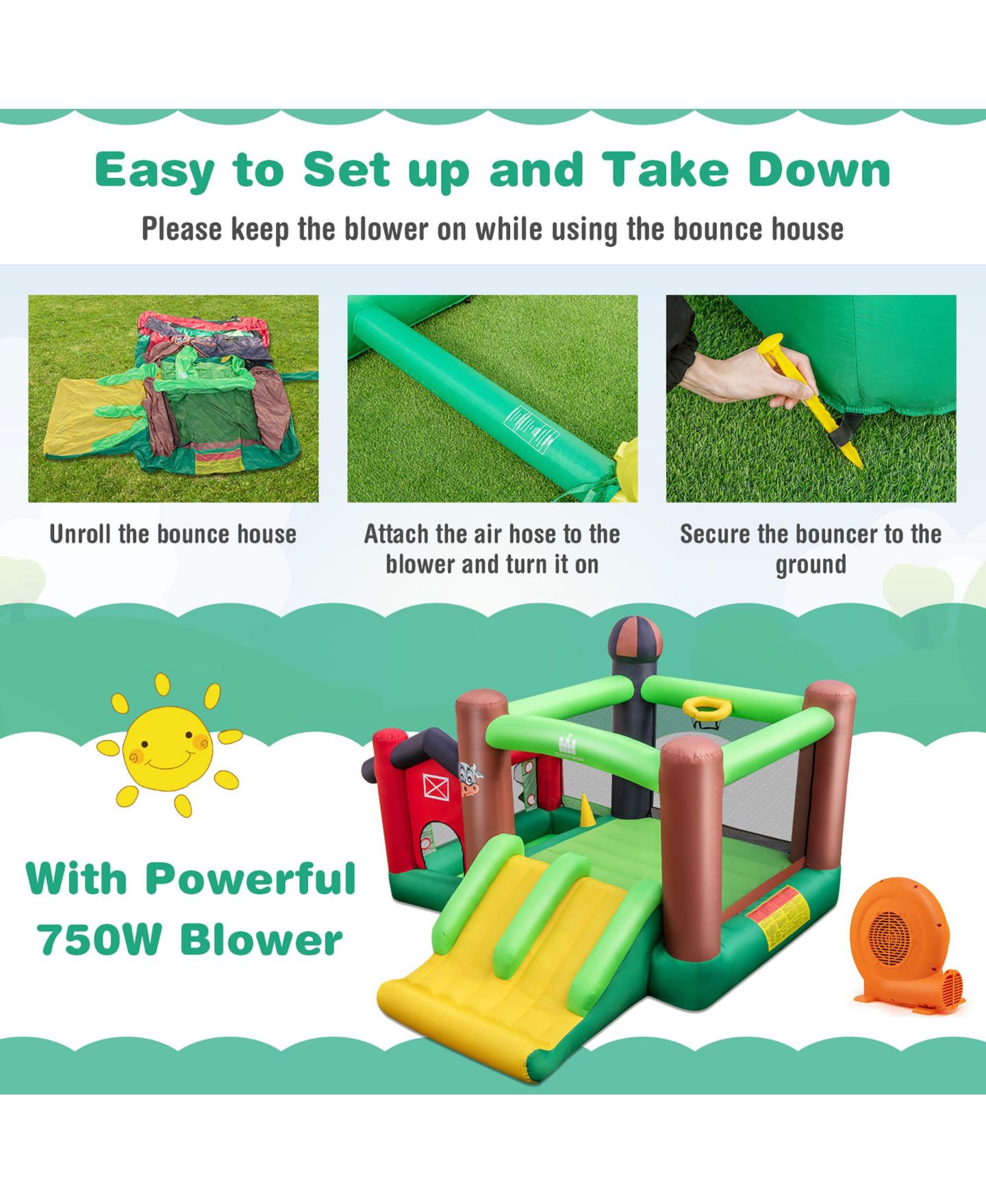 Детские игрушки Costway Farm Themed Inflatable Bounce House with Double Slides and Ball Pit, 140"L x 130"W x 87"H, от 3 лет, цвет: Зелёный — фото 10