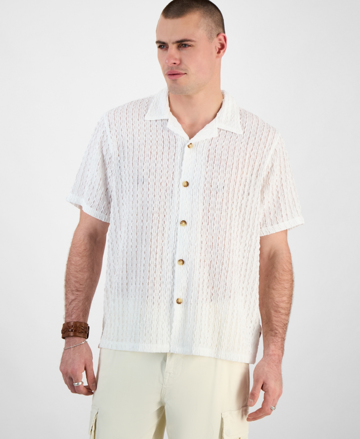 Men's Liam Regular-Fit Open-Knit Jacquard Button-Down Shirt - Salt White Multi