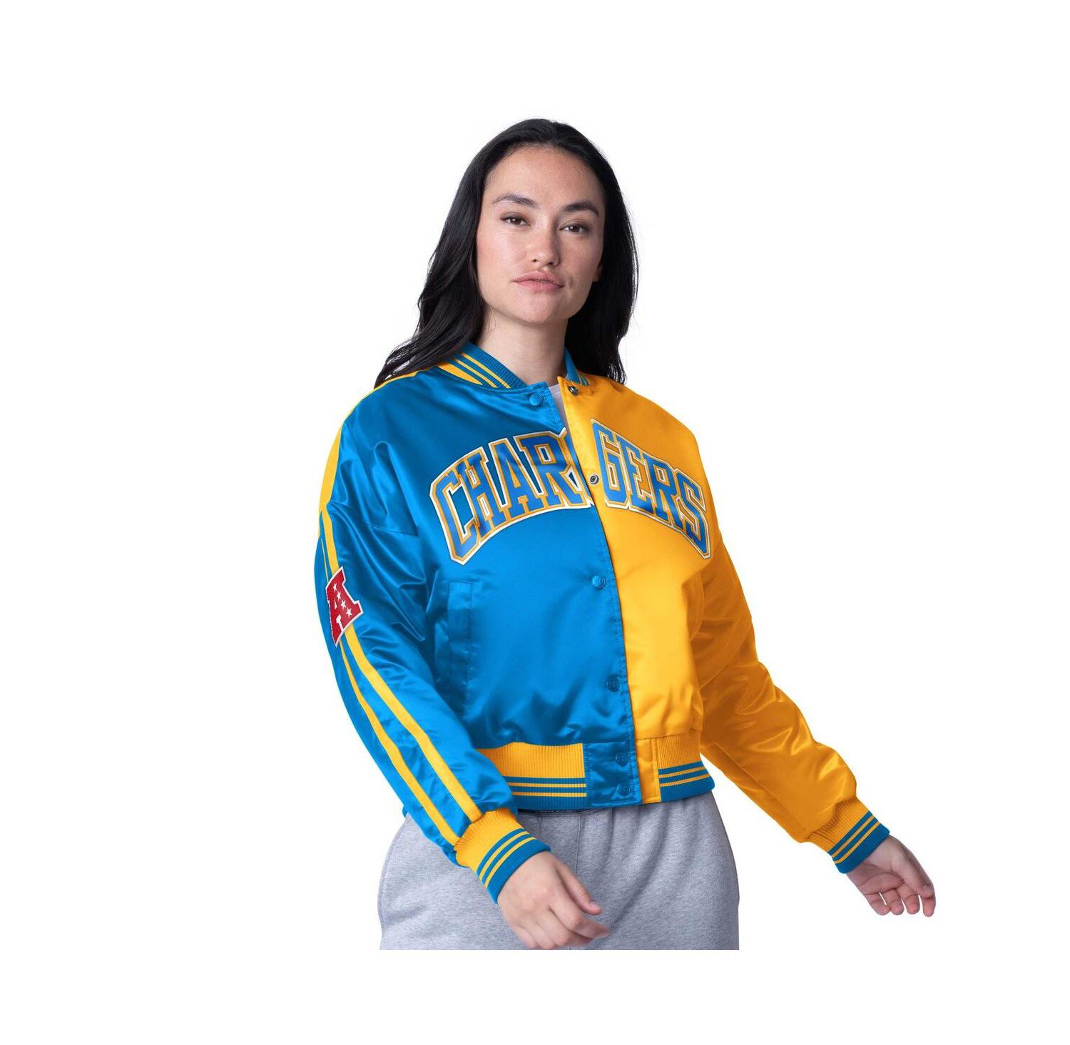 Women's Powder Blue/Gold Los Angeles Chargers Zone Blitz Cropped Full-Snap Satin Jacket