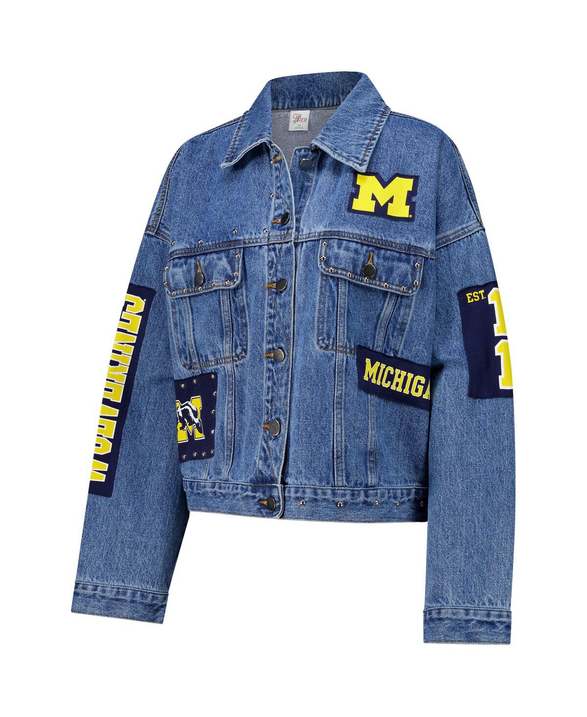 G-III 4HER BY CARL BANKS WOMEN'S DENIM MICHIGAN WOLVERINES GAME BALL PATCHES AND STUDS FULL-BUTTON JACKET 