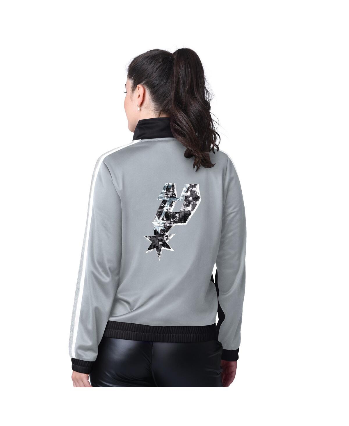 G-III 4HER BY CARL BANKS WOMEN'S BLACK/SILVER SAN ANTONIO SPURS REBEL SEQUIN BLING FULL-ZIP TRACK JACKET 