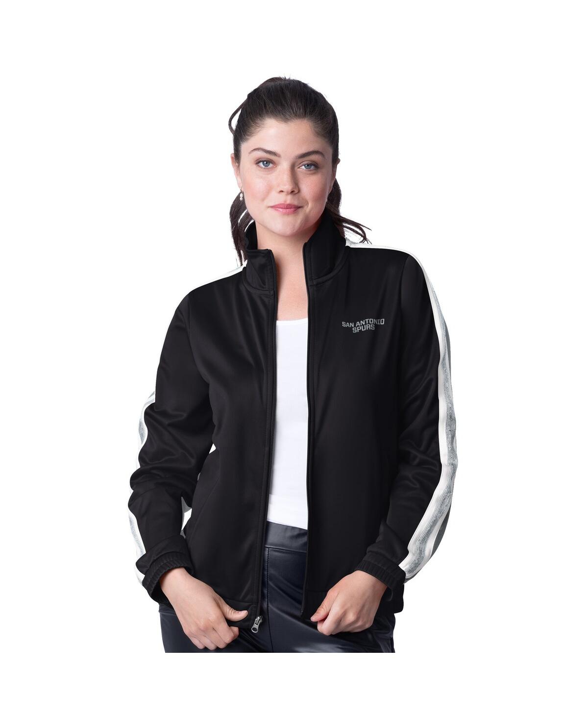G-III 4HER BY CARL BANKS WOMEN'S BLACK/SILVER SAN ANTONIO SPURS REBEL SEQUIN BLING FULL-ZIP TRACK JACKET 