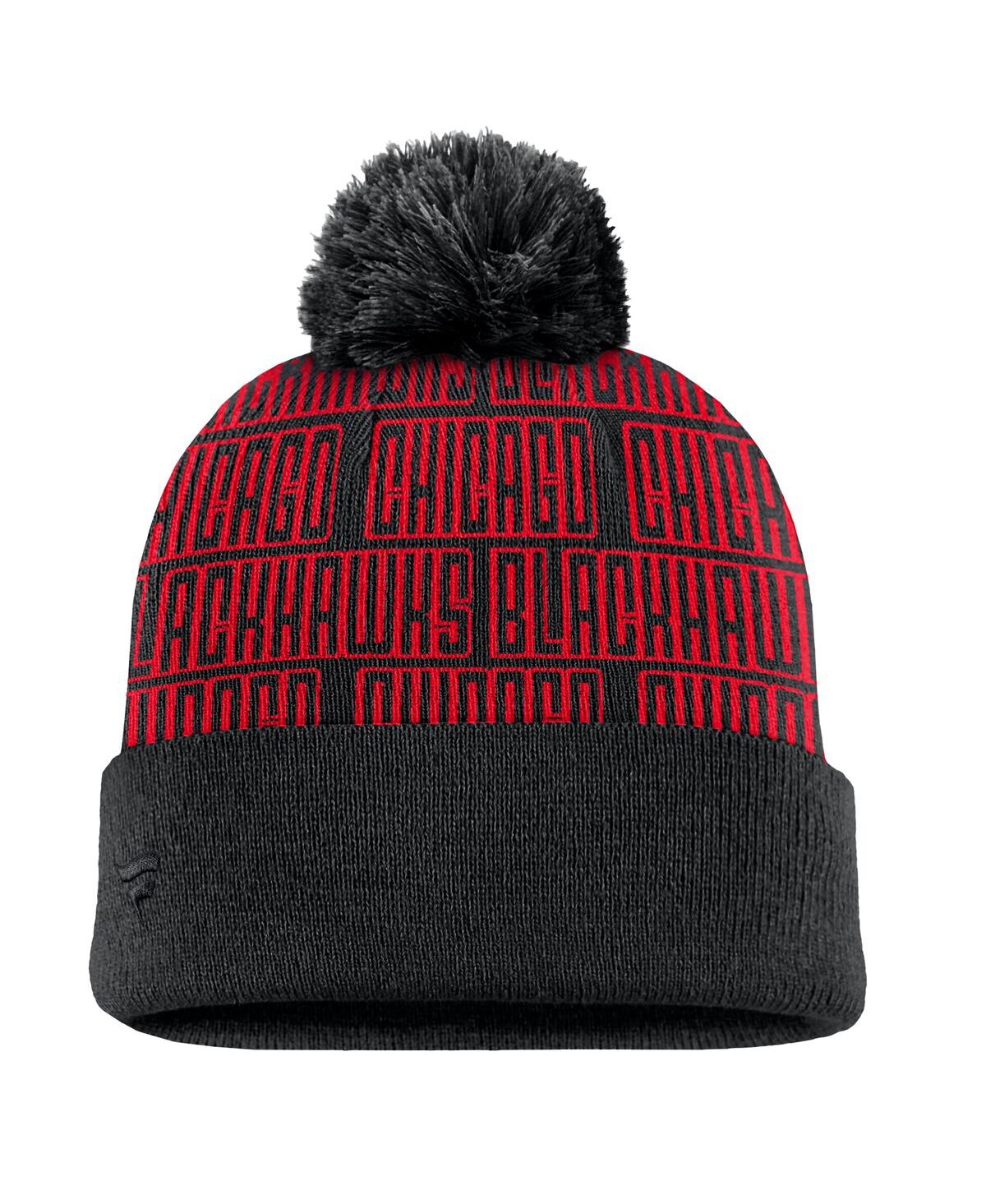 Fanatics Men's Black/red Chicago Blackhawks Fundamental Empty Net Cuffed Knit Hat With Pom In Black,red