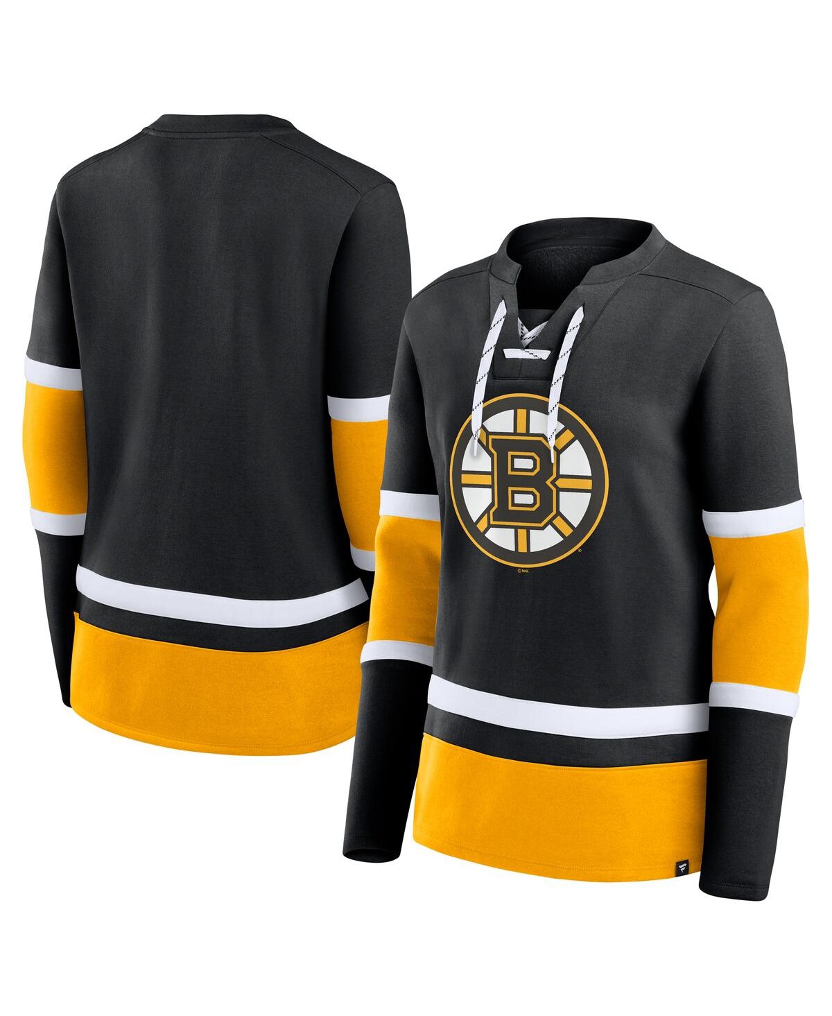 Fanatics Women's Black Boston Bruins Prime Time Lace-up Long Sleeve T-shirt In Black,gold