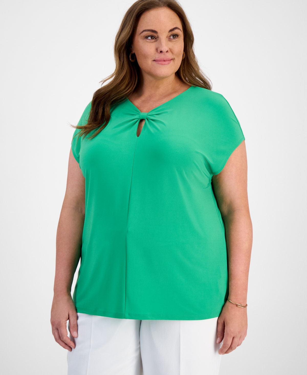 Plus Size Keyhole-Neck Pleated Top - Apple Green