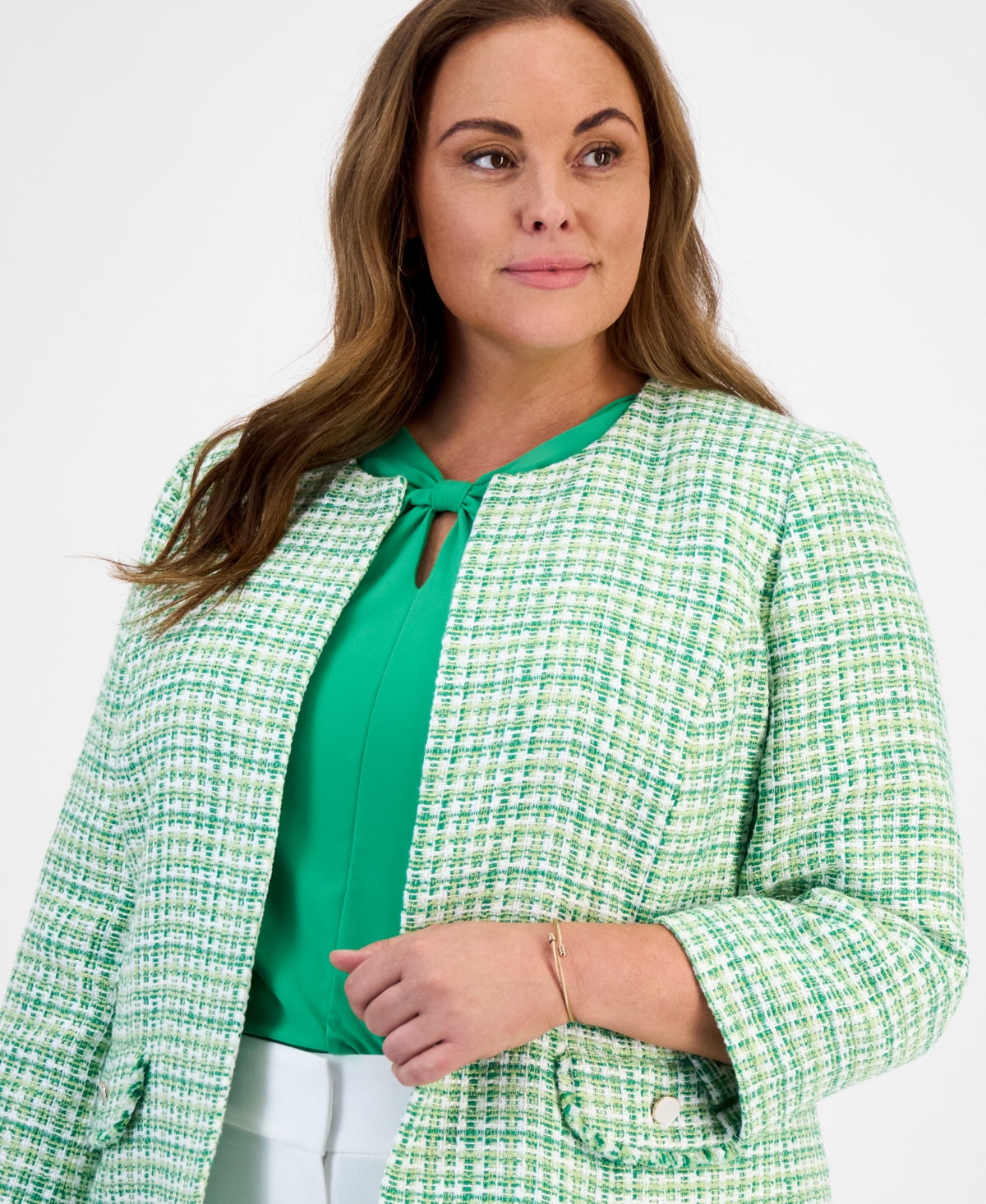 Kasper Plus Size Tweed Open-front Blazer In Spring Green Multi