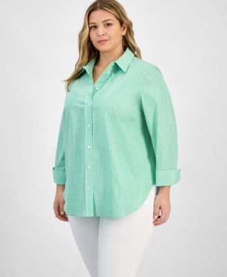 Plus Size Gingham Button-Up 3/4-Sleeve Shirt