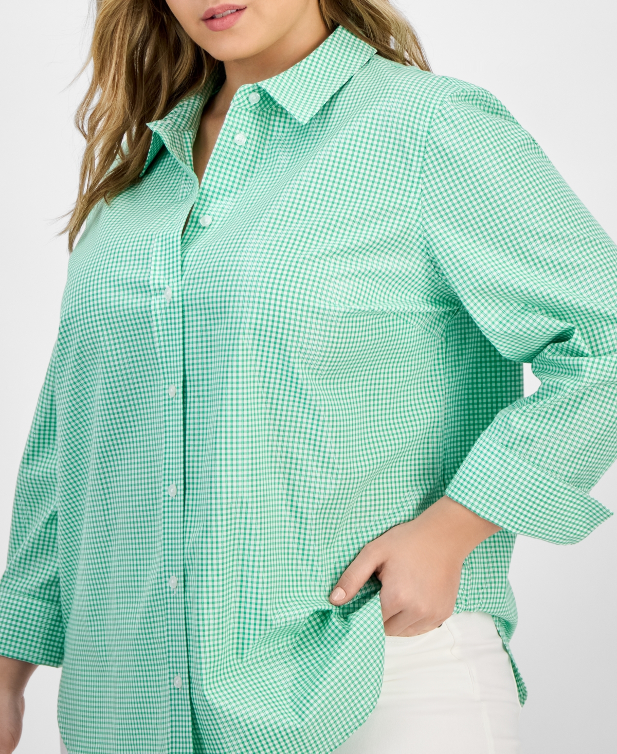 Kasper Women's Gingham Button-front 2/3-sleeve Shirt In White,apple Green