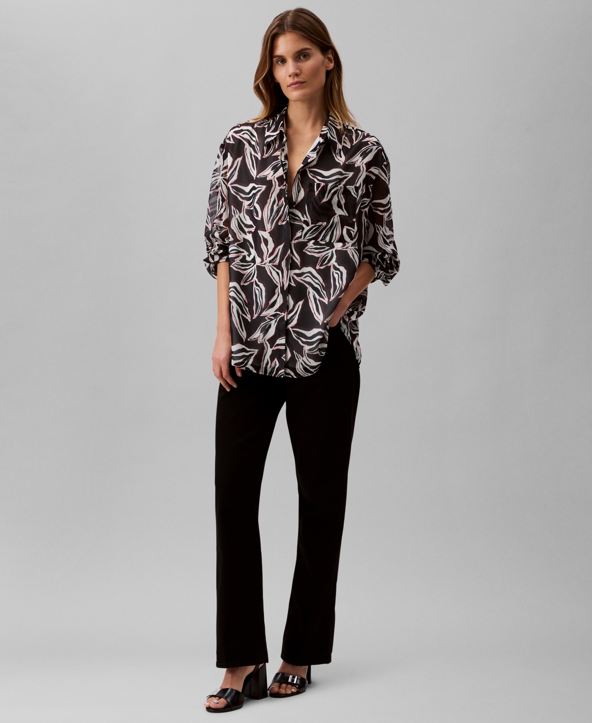 Calvin Klein Women's Printed Classic Button-front Shirt In Black Print