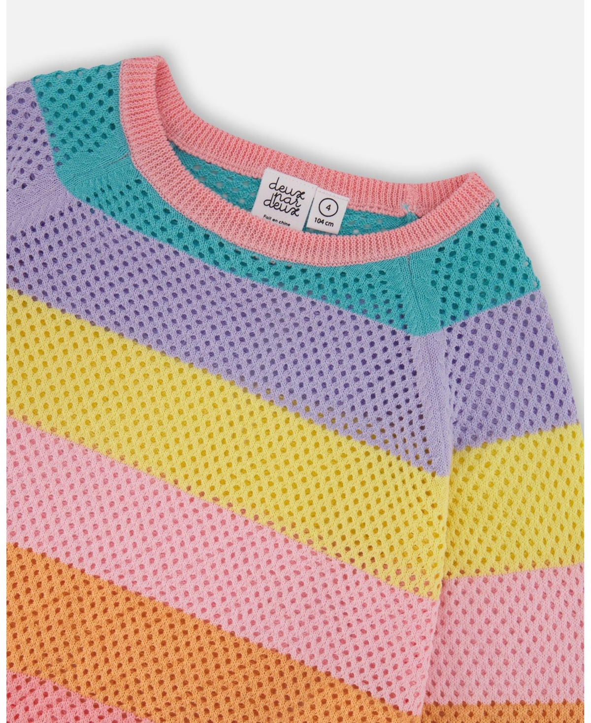 Deux par Deux Big Girls Cotton Sweater With Fringe Multicolor Stripes