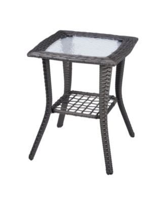 Outdoor Wicker Side Table with Glass Top for Patio Porch and Balcony