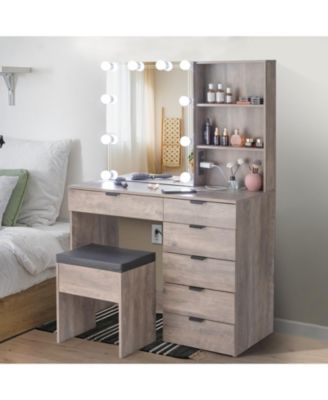 6 Drawers, 2 Shelves, 3 Light Bulbs Mirror Cabinet Dressing Table Set Elegant Vanity with Ample Storage and LED Lighting