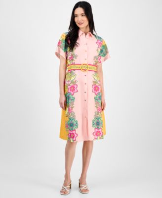 T Tahari - Women's Printed Belted Button-Front Dress