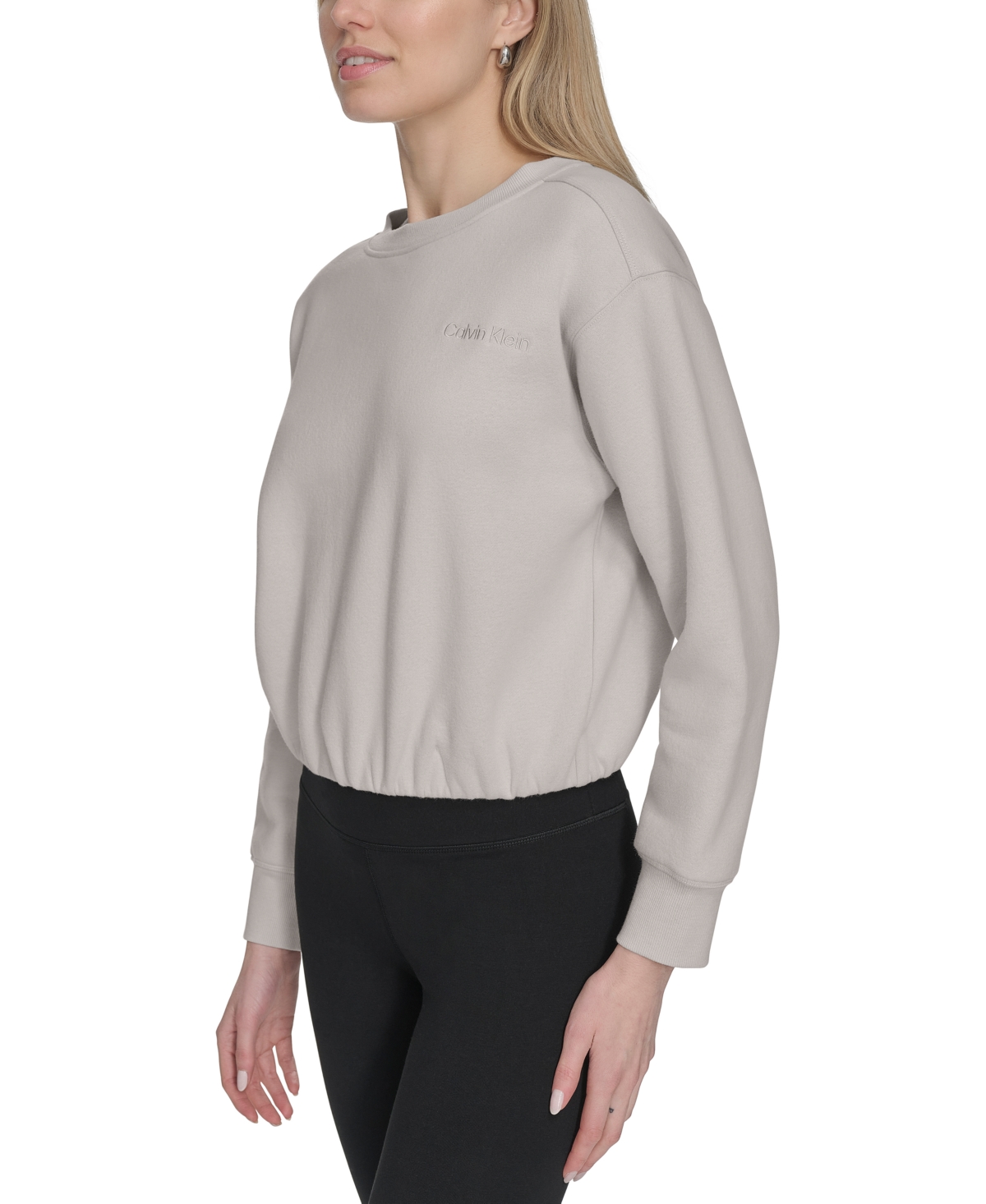 Calvin Klein Women's Logo Fleece Bubble Hem Top In White Pepp