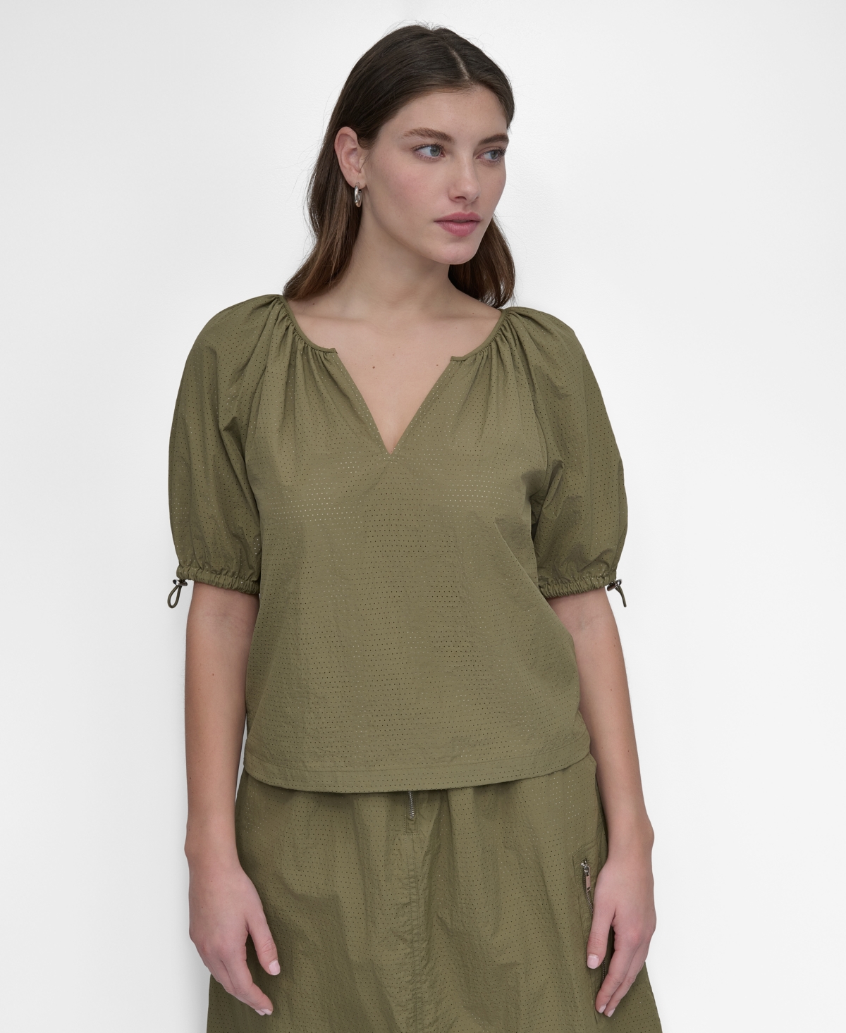 Shop Dkny Women's Bungee-sleeve Perforated Tech Top In Utility Green