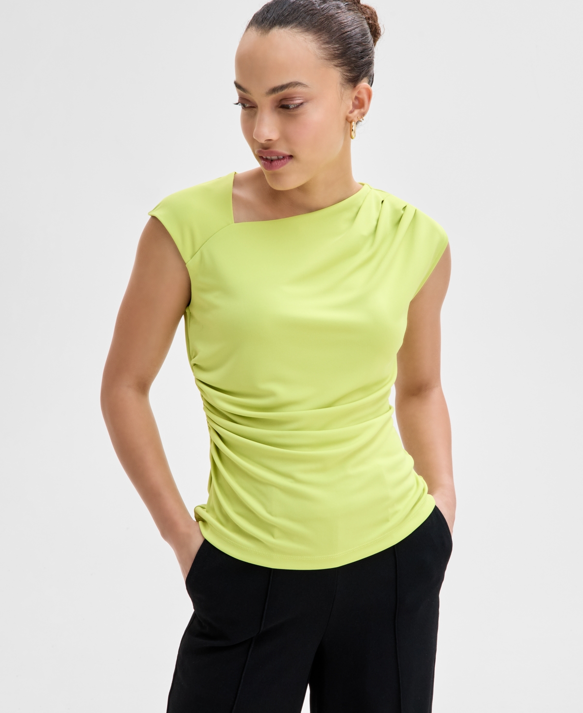 Petite Asymmetric Draped Top, Exclusively at Macy's - Lime Sash