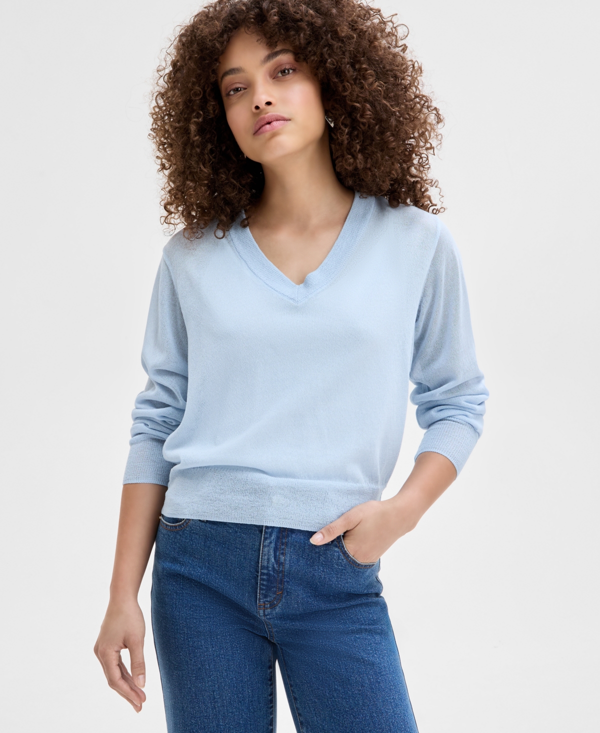 Inc International Concepts Petite V-neck Sweater, Exclusively At Macy's In Frozen Blue
