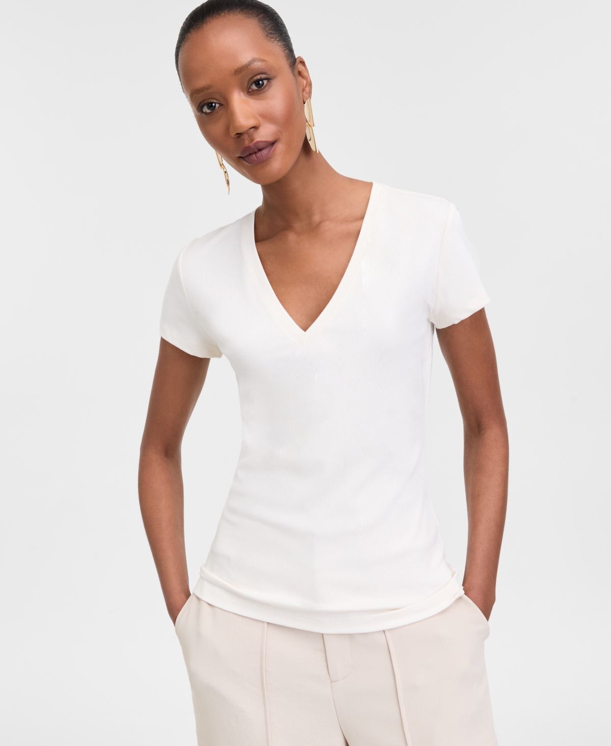 Inc International Concepts Women's Drapy Ribbed V-neck Top, Exclusively At Macy's In White