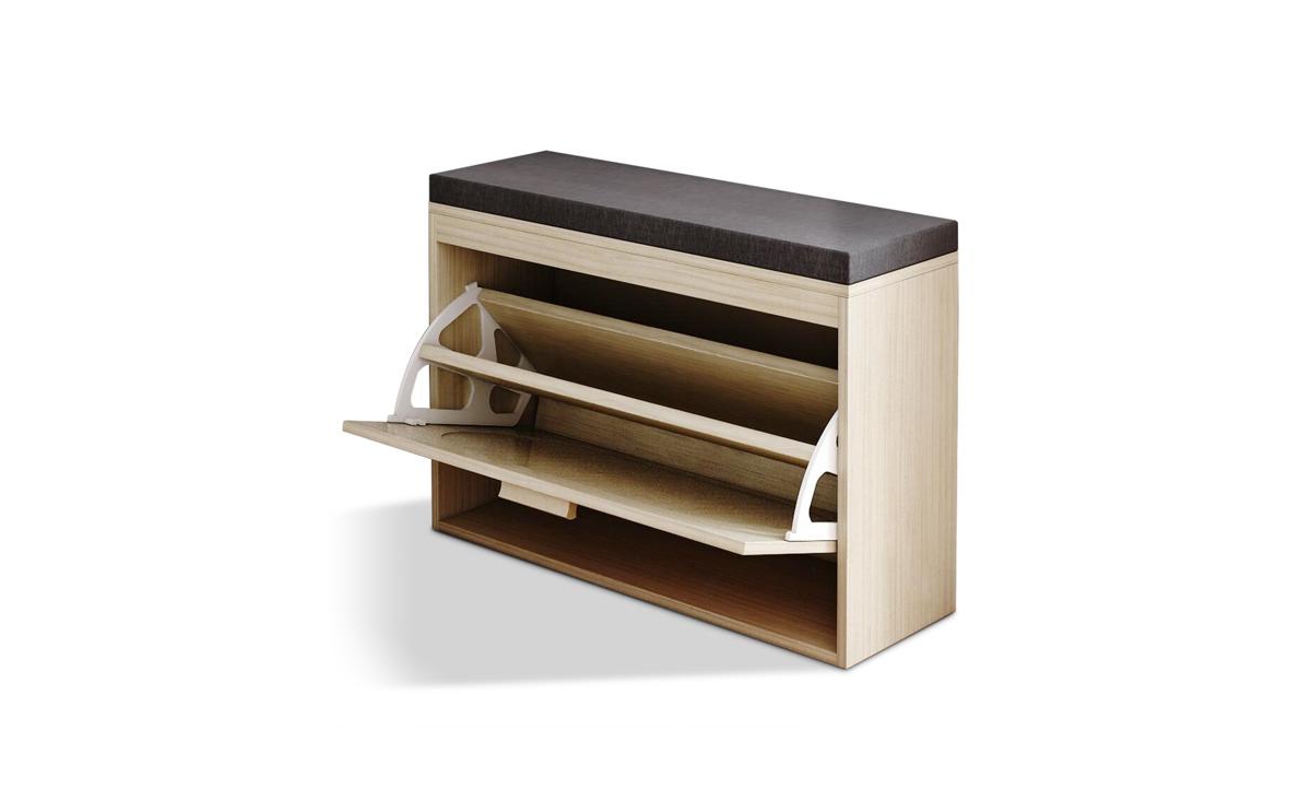 Flip-Drawer Shoe Storage Bench &#x2013; Rattan Front Cabinet with Cushioned Seat for Entryway or Hallway - Natural