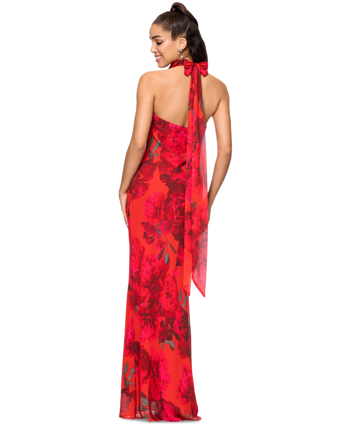 Betsy & Adam Women's Floral-print Halter Gown In Red Multi