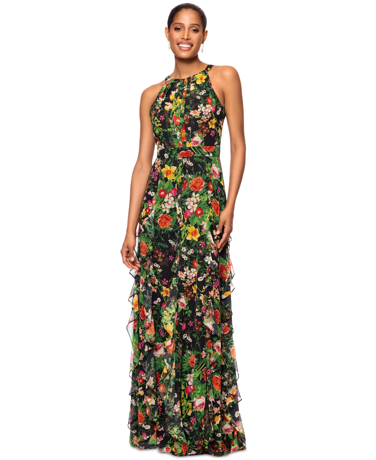 Shop Betsy & Adam Women's Floral-print Ruffled Halter Gown In Black,red