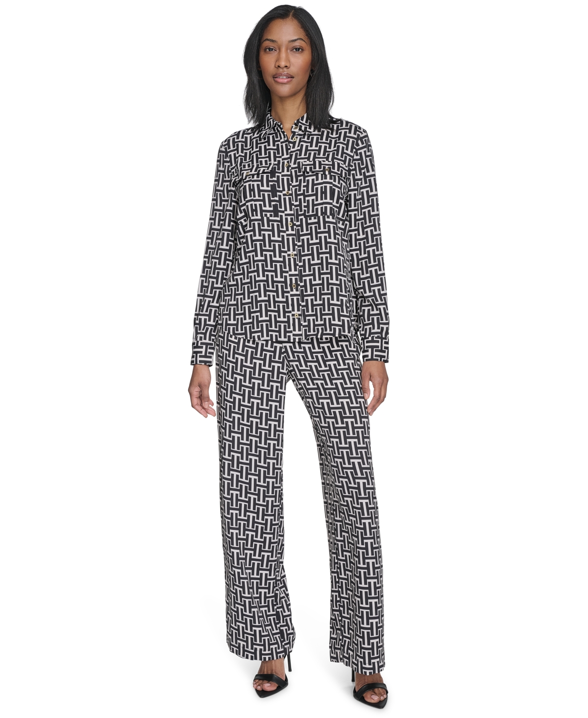 HALSTON WOMEN'S GEO-PRINT COLLARED PATCH-POCKET SHIRT 