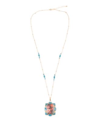 Scenic Red Florals Blue Apatite Golden Pendant Necklace
