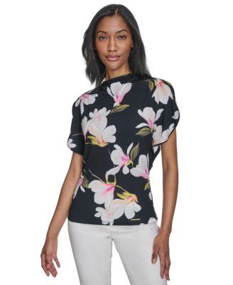 Halston - Women's Floral Mock-Neck Butterfly-Sleeve Top