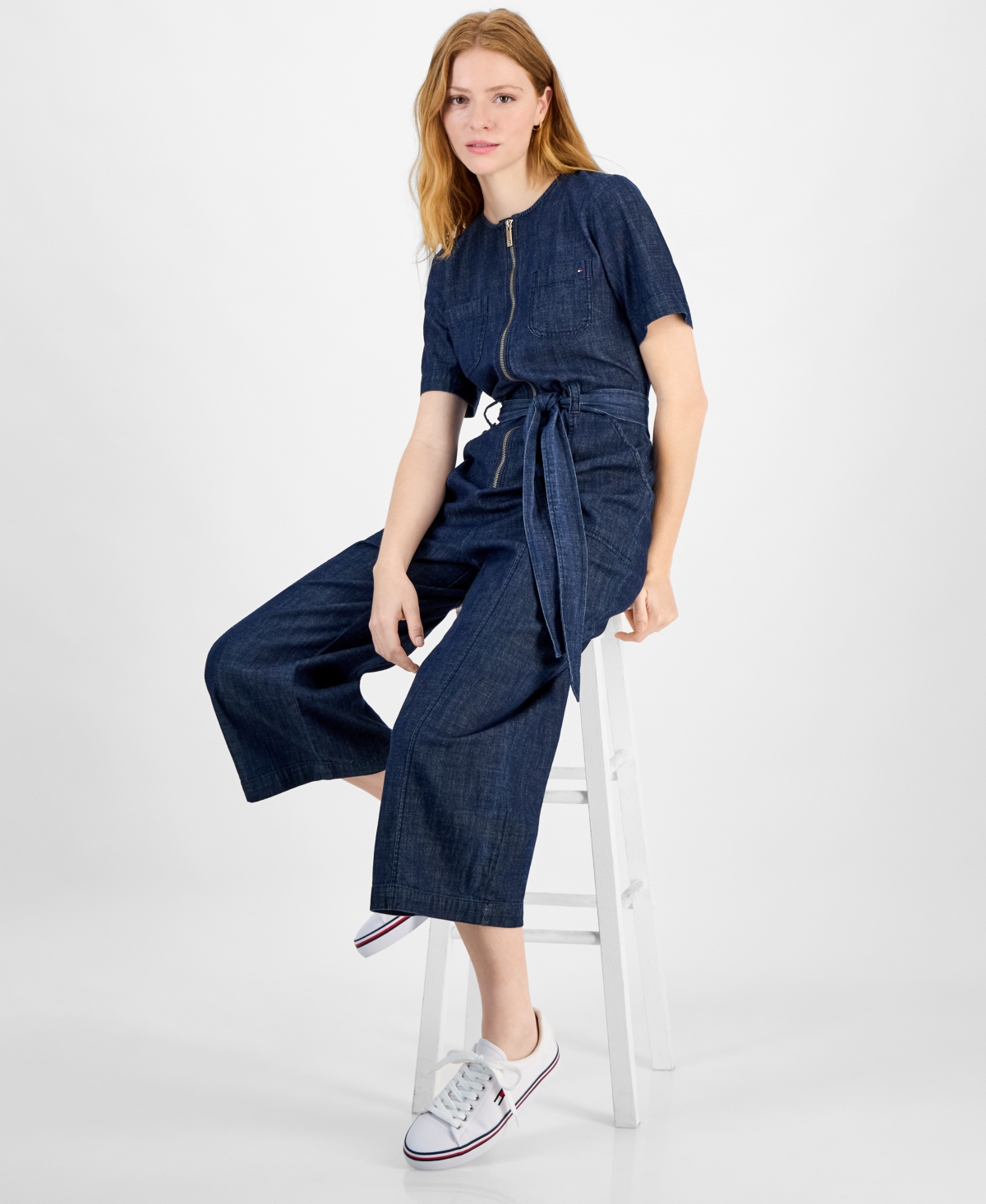 Tommy Hilfiger Women's Denim Zip-front Belted Jumpsuit In Dark Benson