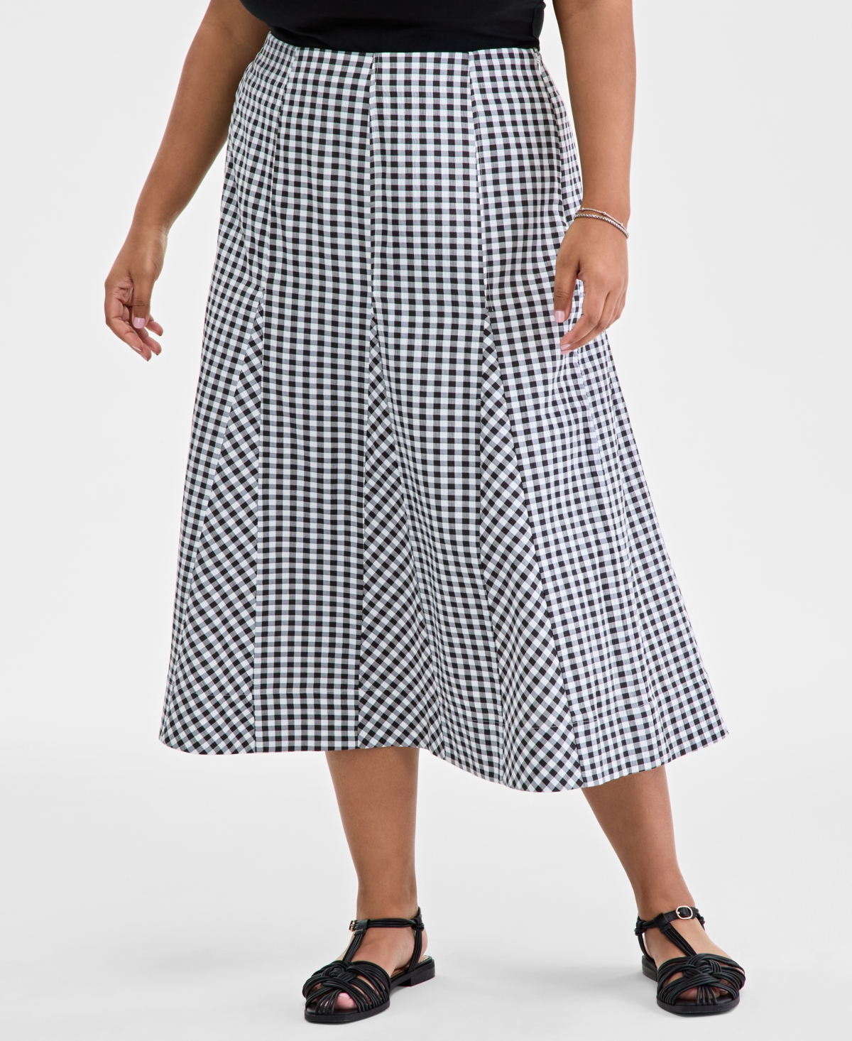 Trendy Plus Size Gingham Seersucker Midi Skirt, Exclusively at Macy's - Black/whit