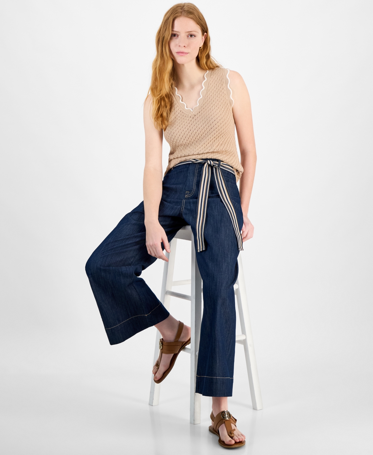 TOMMY HILFIGER WOMEN'S BELTED HIGH RISE WIDE-LEG JEANS 