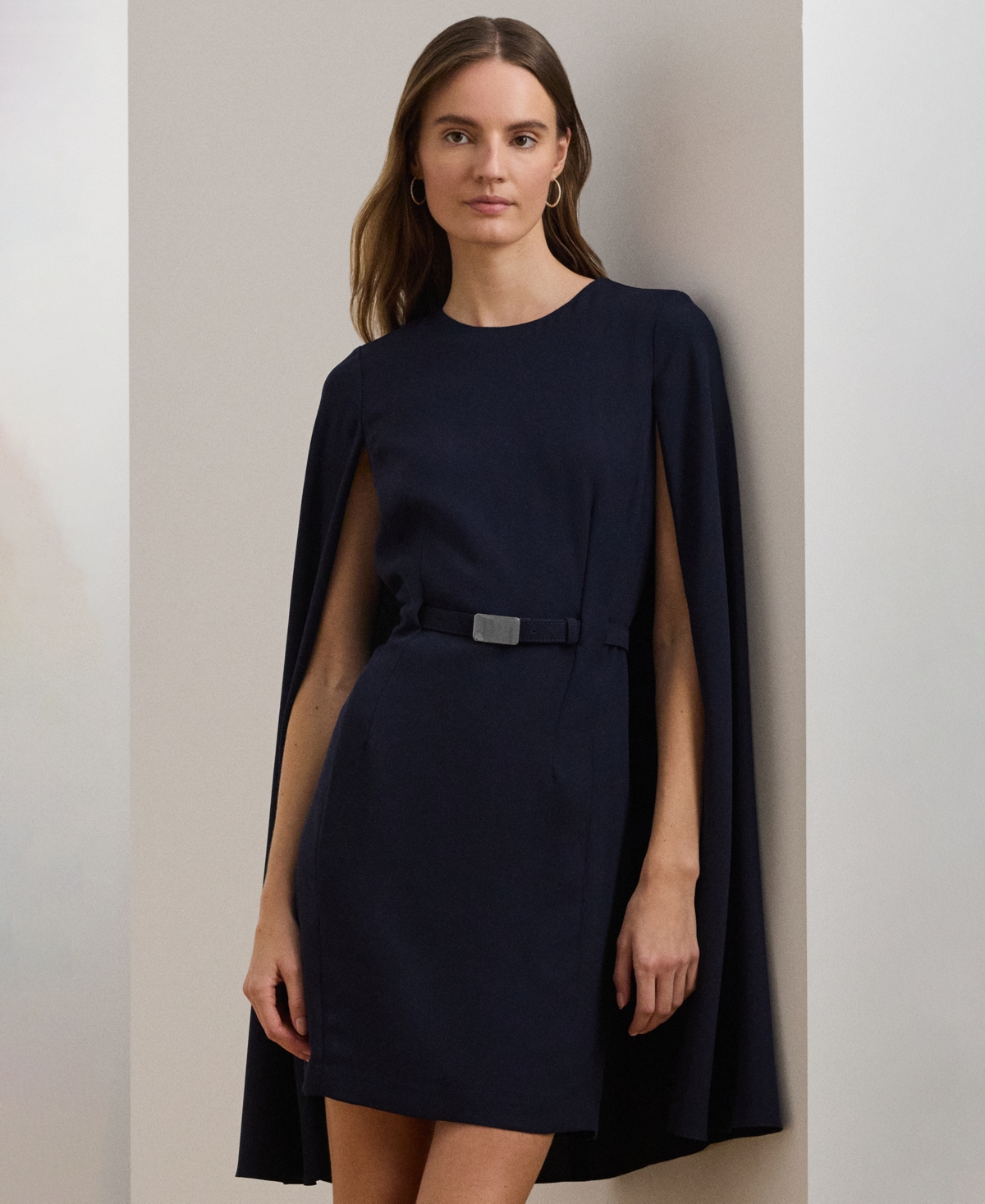 Ralph Lauren Women's Belted Cape Georgette Cocktail Dress In Lighthouse Navy
