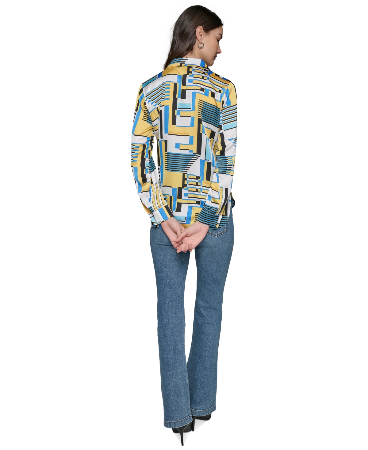 Shop Karl Lagerfeld Women's Satin Button-front Printed Shirt In Soft White,french Blue