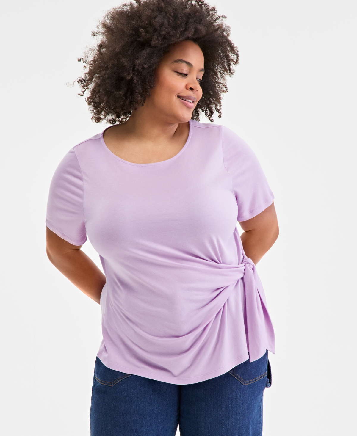 Trendy Plus Size Elbow-Sleeve Tie-Waist T-Shirt, Exclusively at Macy's - Orchid Bouquet