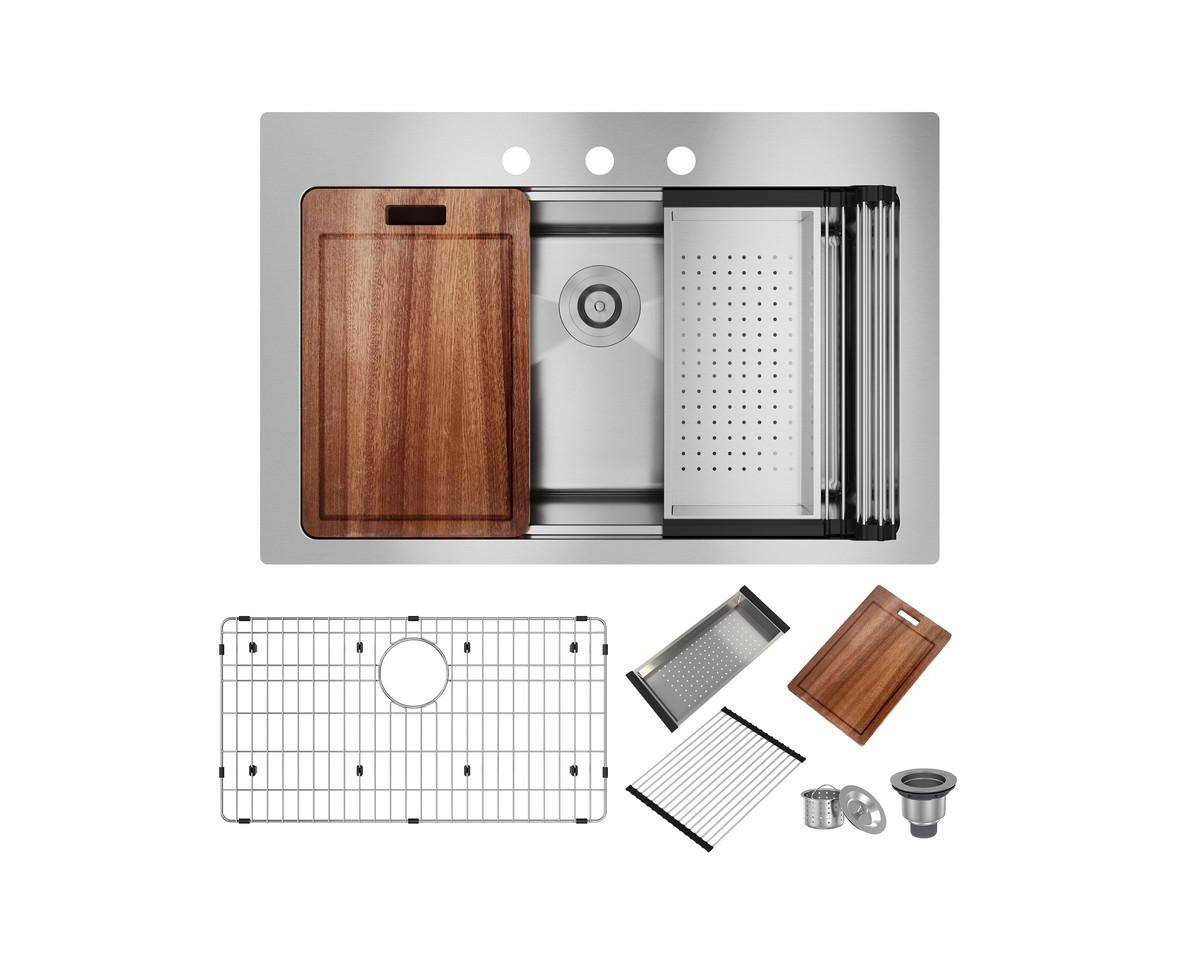 33" L x 22" W Single Bowl Stainless Steel Drop-in Workstation Kitchen Sink with Accessories - Brushed nickel