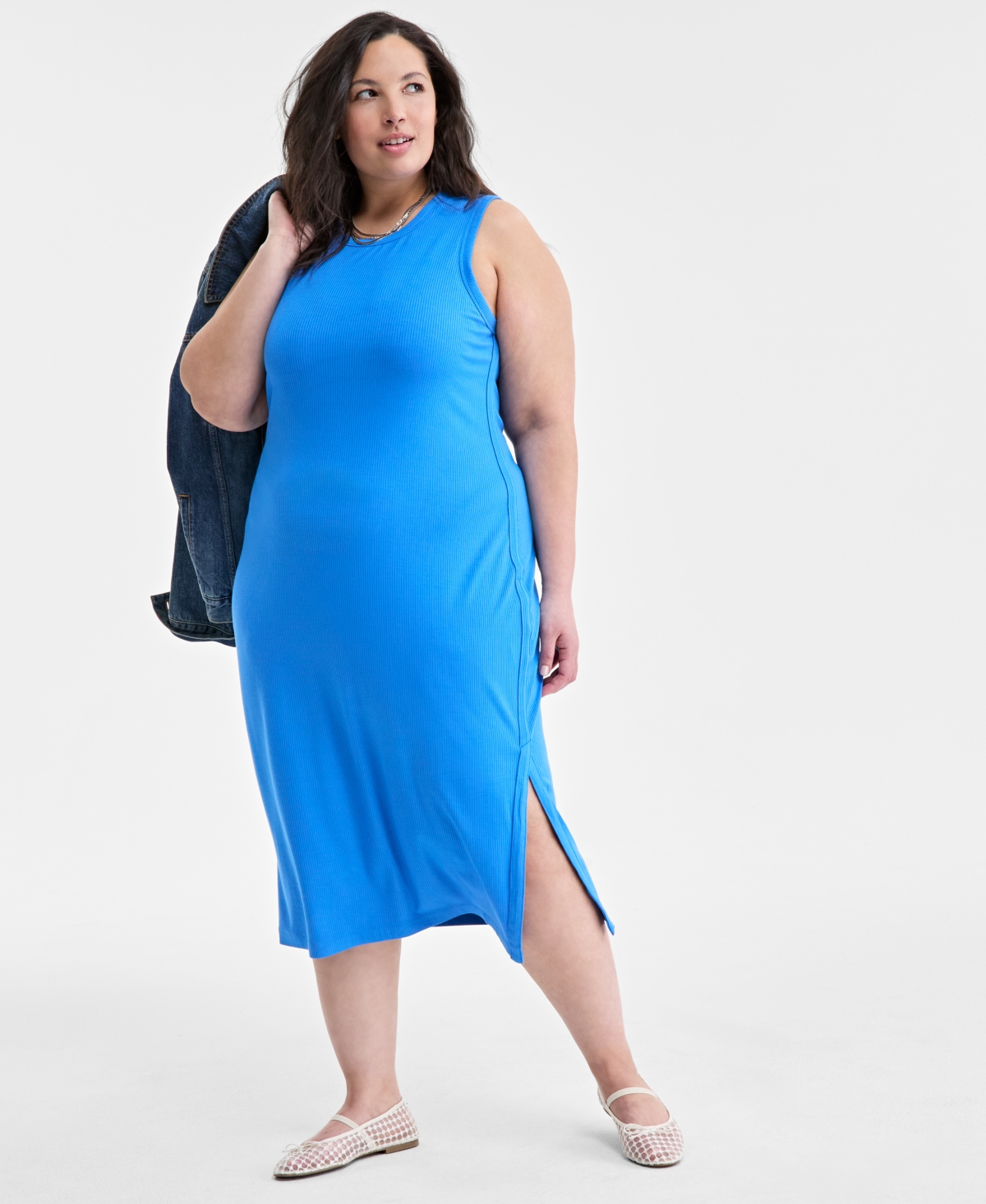On 34th Trendy Plus Size Rib-knit Midi Tank Dress, Created For Macy's In Beach Blue