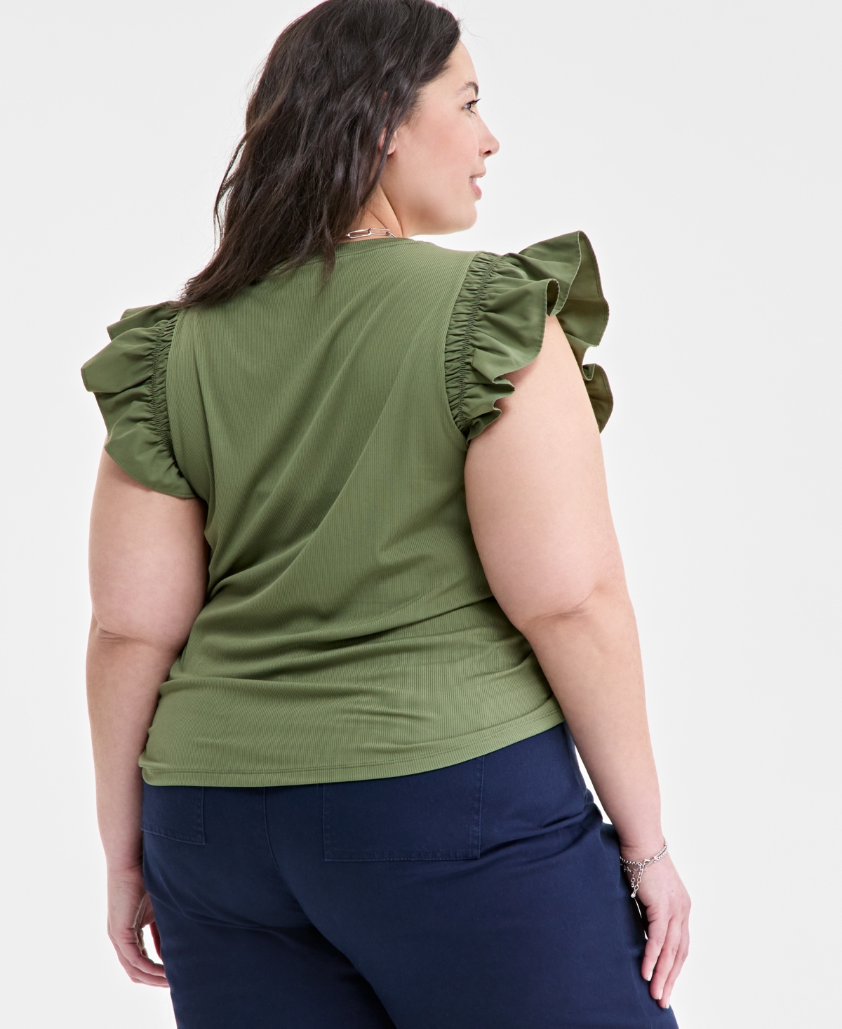 On 34th Trendy Plus Size Crewneck Flutter-sleeve Top, Created For Macy's In Olivine
