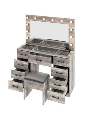 Vanity Desk Set with Large Lighted Mirror and Power Outlet for Makeup and Styling Convenience