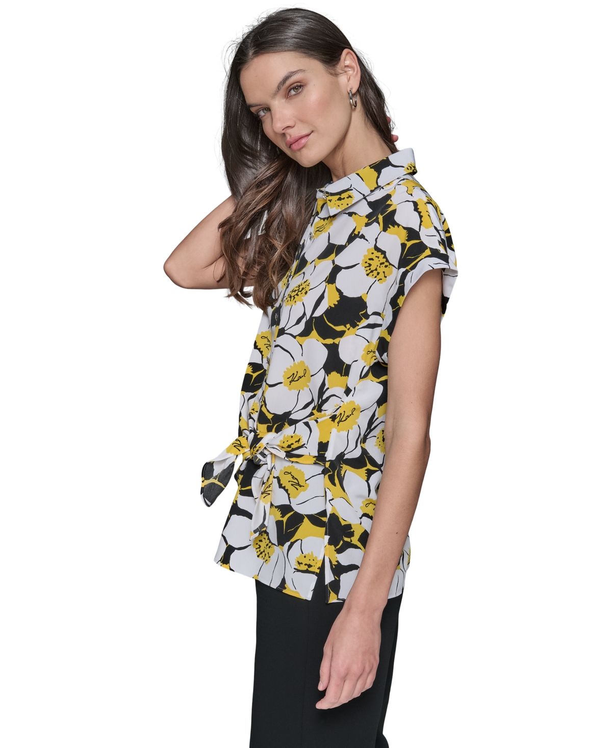 KARL LAGERFELD WOMEN'S PRINTED ASYMMETRICAL BUTTON-FRONT TOP 