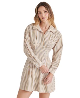 【Steve Madden】Aria ストライプ ミニシャツワンピース Steve Madden Aria Stripe Long Sleeve Cotton Blend Mini