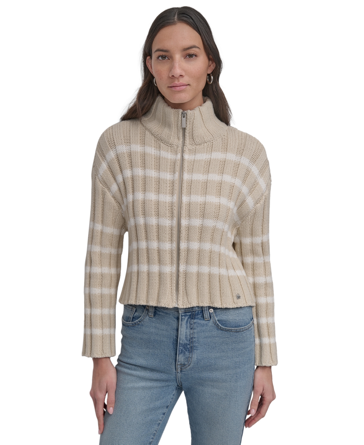 Shop Dkny Jeans Women's Cotton Mock-neck Zip-up Cardigan In Kxy - Ltct Kh,ivory