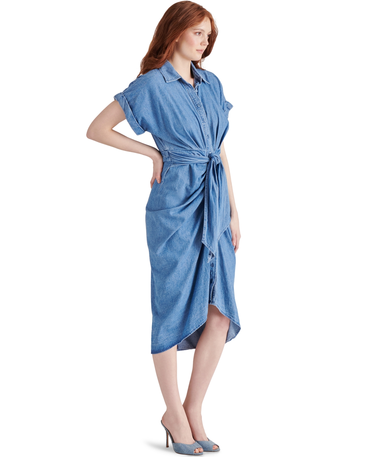 Steve Madden Tori Tie Waist Denim Midi Shirtdress In Chambray Blue