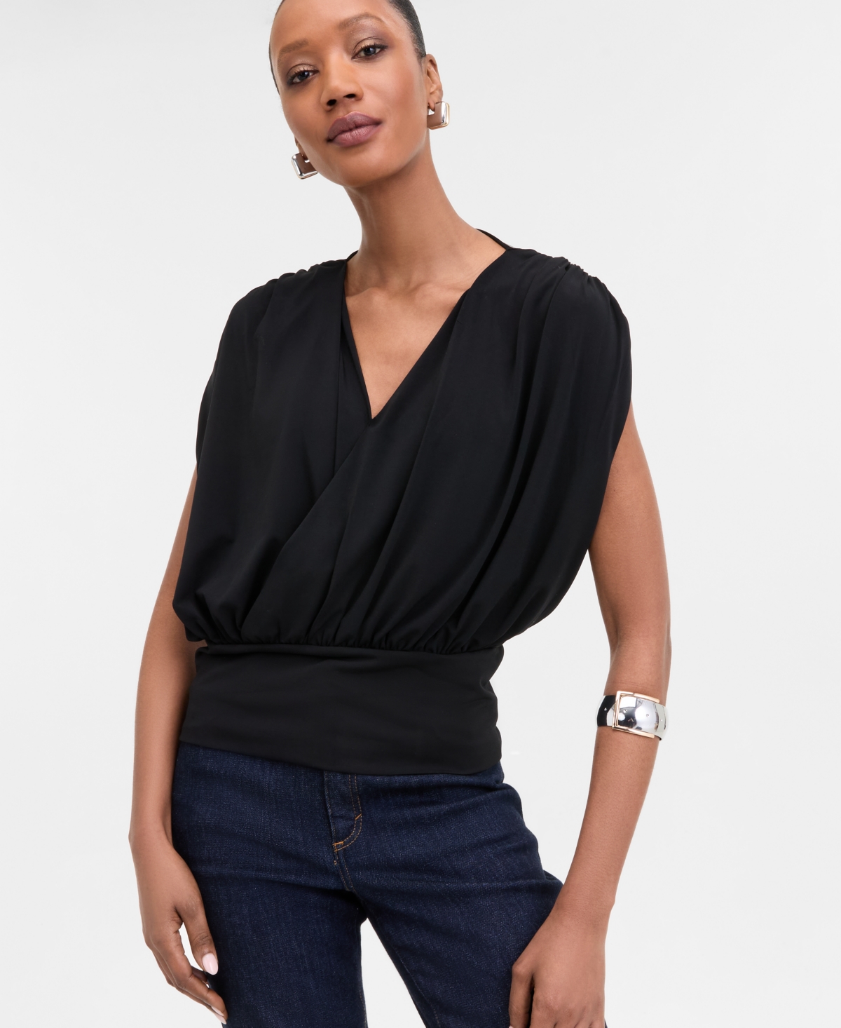 Inc International Concepts Petite Surplice-neck Sleeveless Top, Exclusively At Macy's In Deep Black