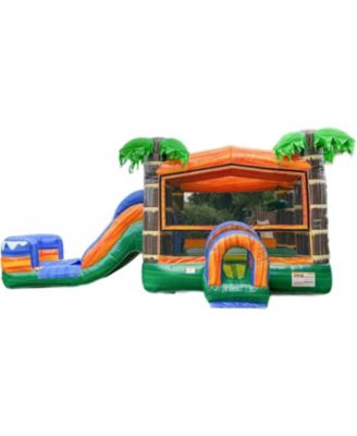 Tropical Commercial Grade Bounce House Water Slide with Splash Pool for Kids and Adults (with Blower), 15oz PVC Vinyl, Basketball Hoop, Wet Dry Combo, Outdoor Indoor, Big Inflatable