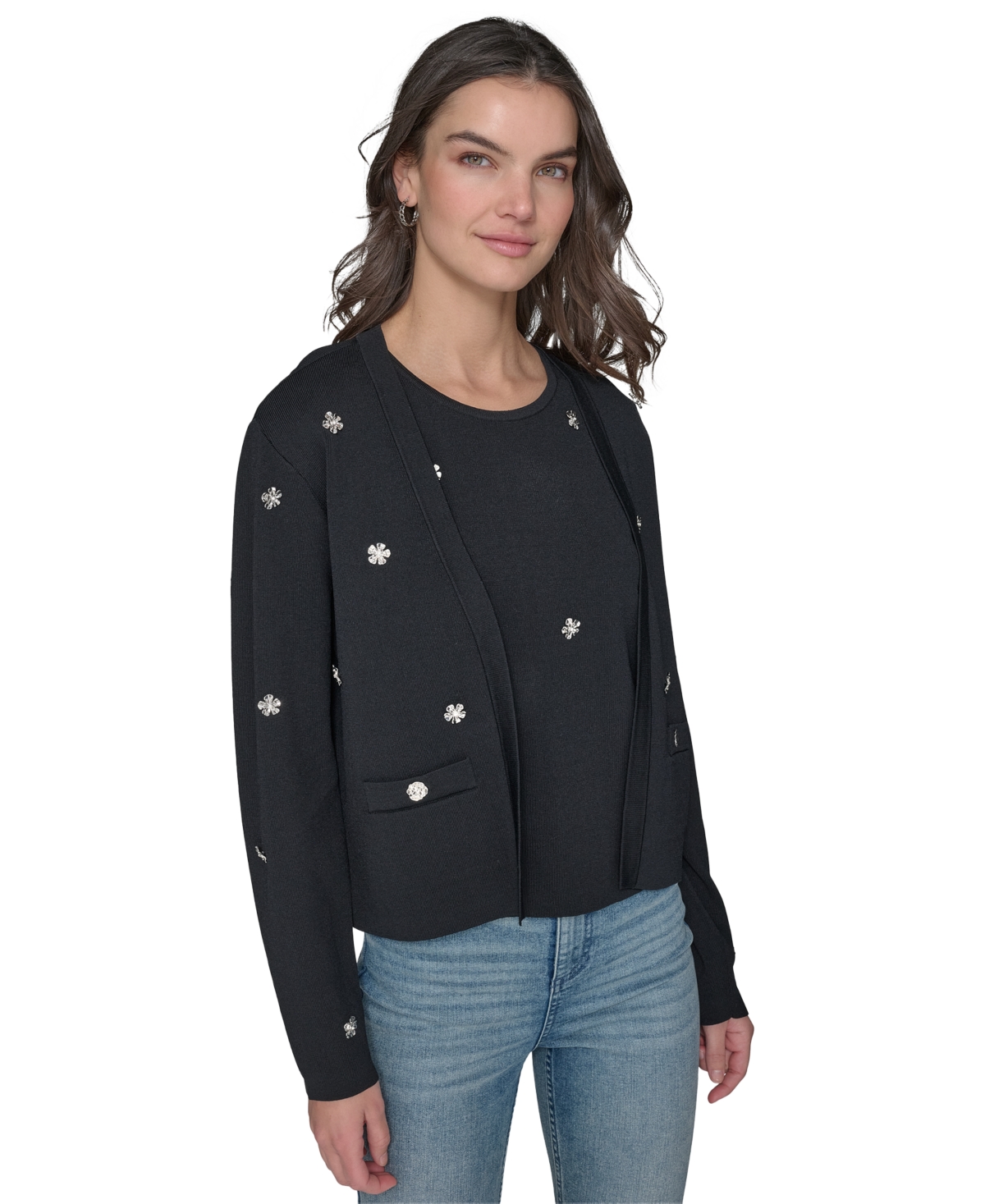 Shop Karl Lagerfeld Women's Floral-rhinestone Cardigan In Black