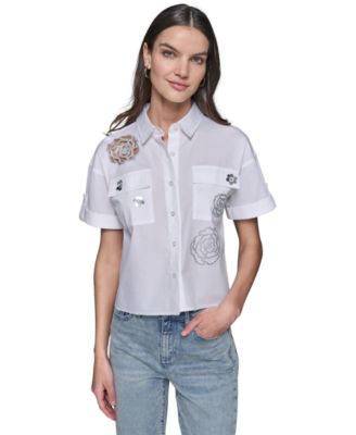 KARL LAGERFELD PARIS - Women's Cotton Crop Floral Poplin Shirt