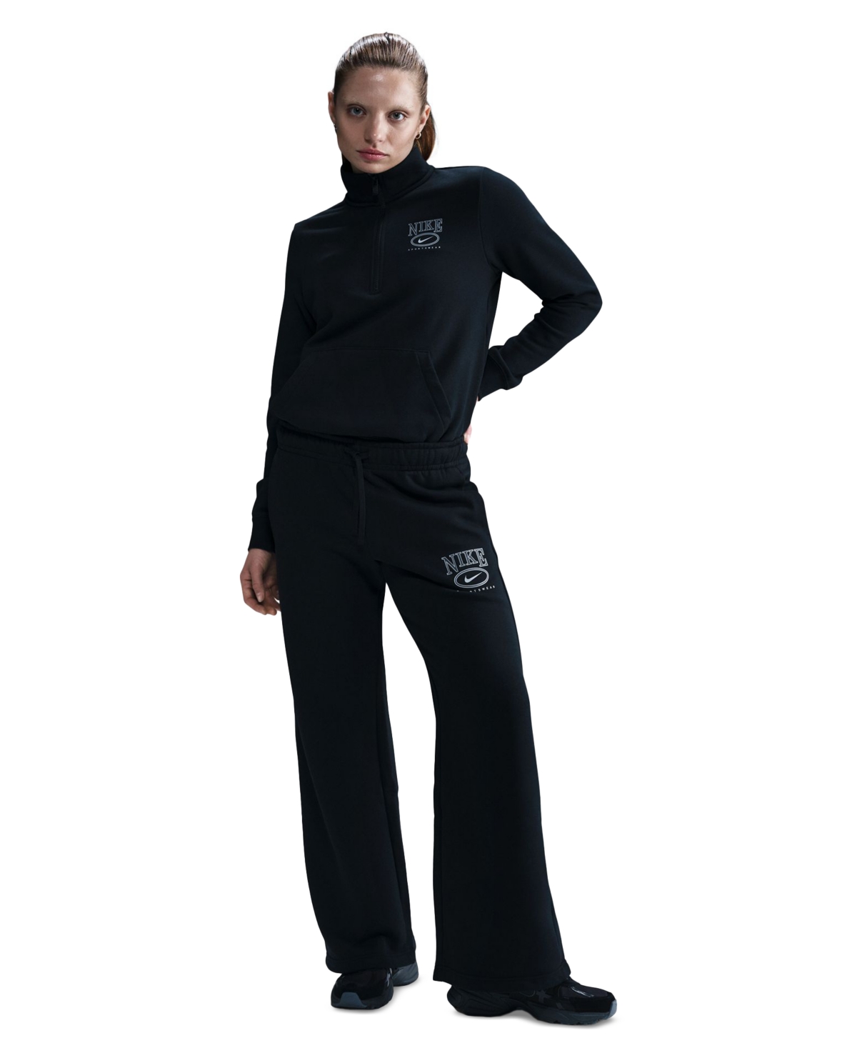 Nike Women's  Sportswear Club Fleece Mid-rise Wide-leg Graphic Pants In Black