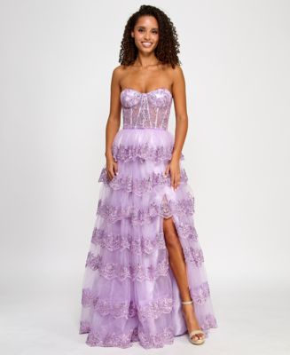 B Darlin Juniors' Floral Sequin Embellished Ruffled Strapless Gown