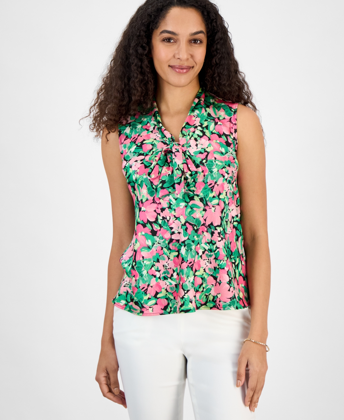 Women's Printed Satin Tie-Neck Sleeveless Blouse - Black Multi