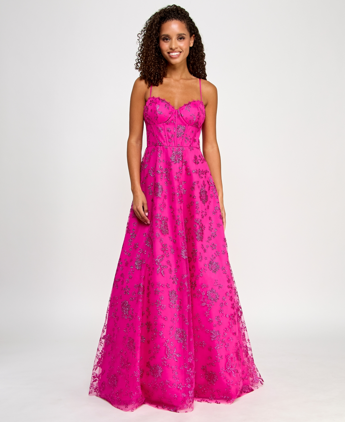 Juniors' Floral Glitter Sweetheart Sleeveless Gown - Fuchsia